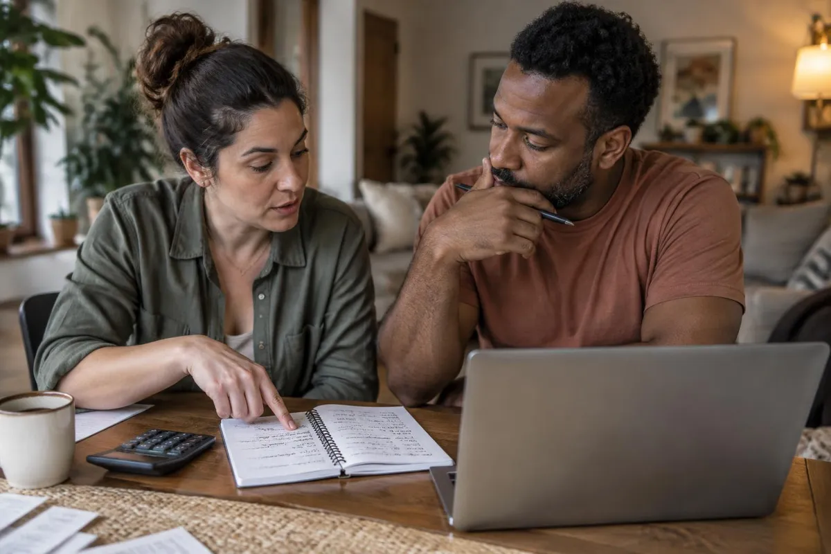 Casal sentado à mesa da sala faz contas num caderno com uma calculadora ao lado de um notebook