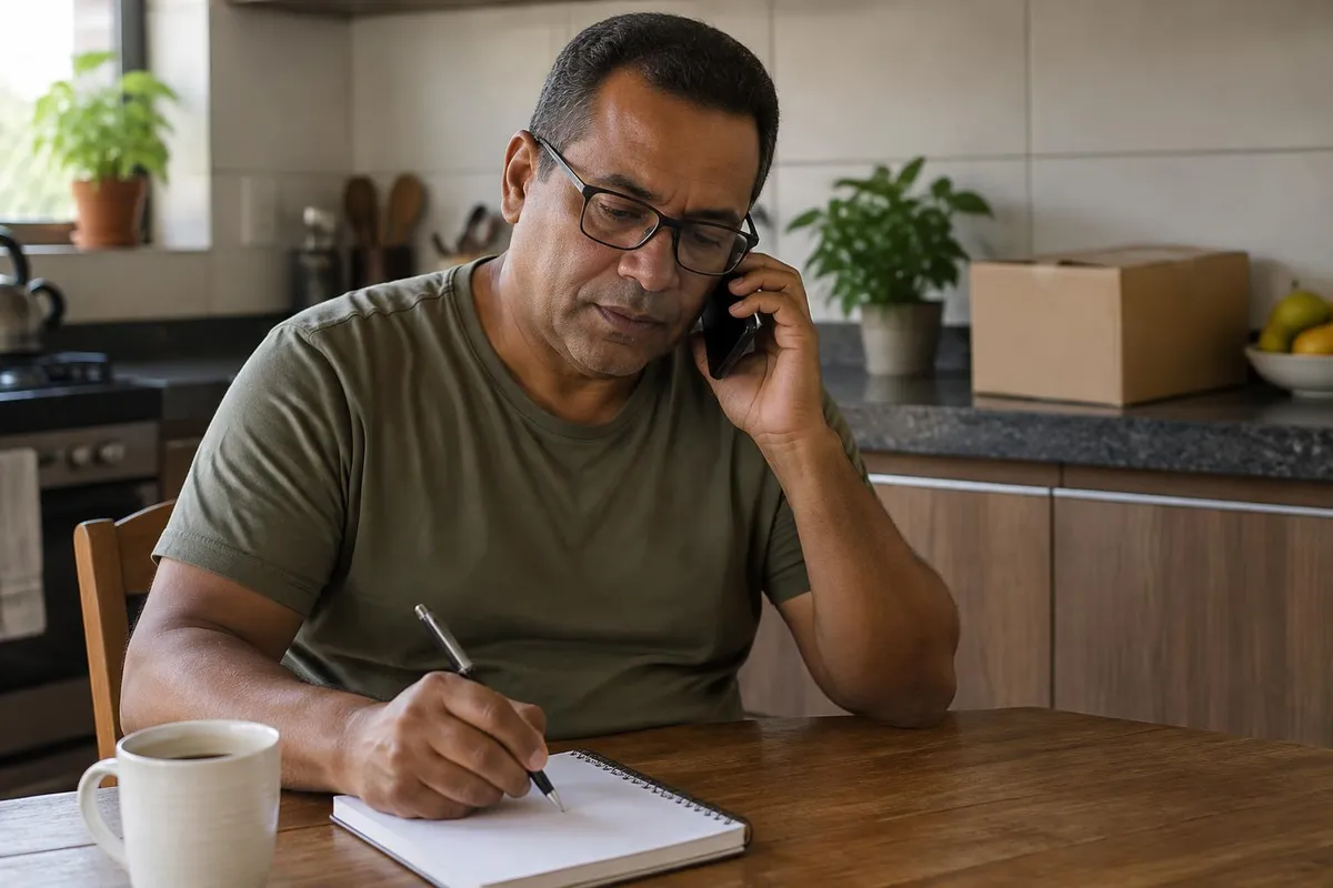 Homem de óculos na mesa da cozinha fala ao celular e faz anotações num bloco, com uma caixa de papelão ao fundo