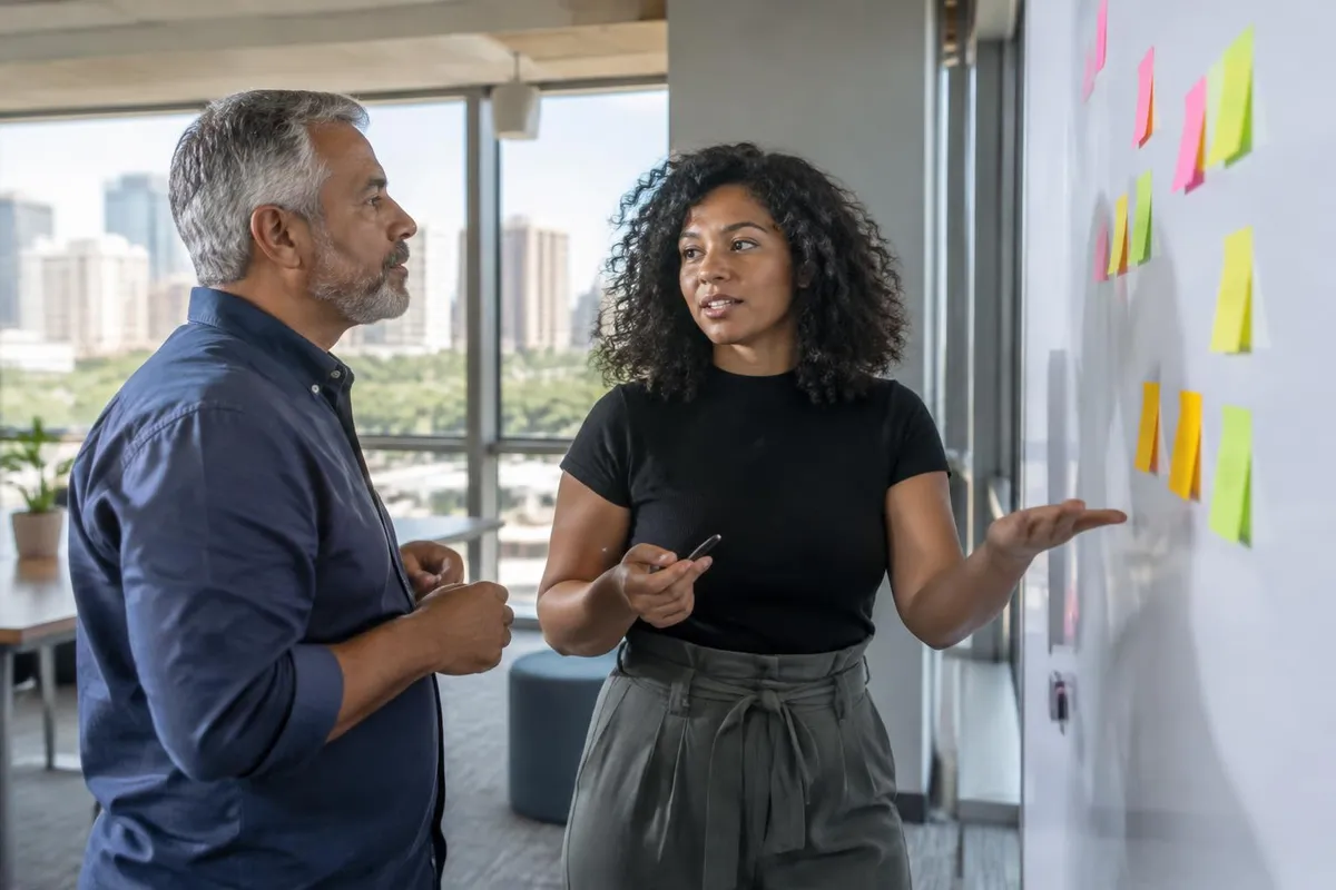 Homem e mulher conversam em pé diante de um quadro branco com post-its coloridos num escritório iluminado