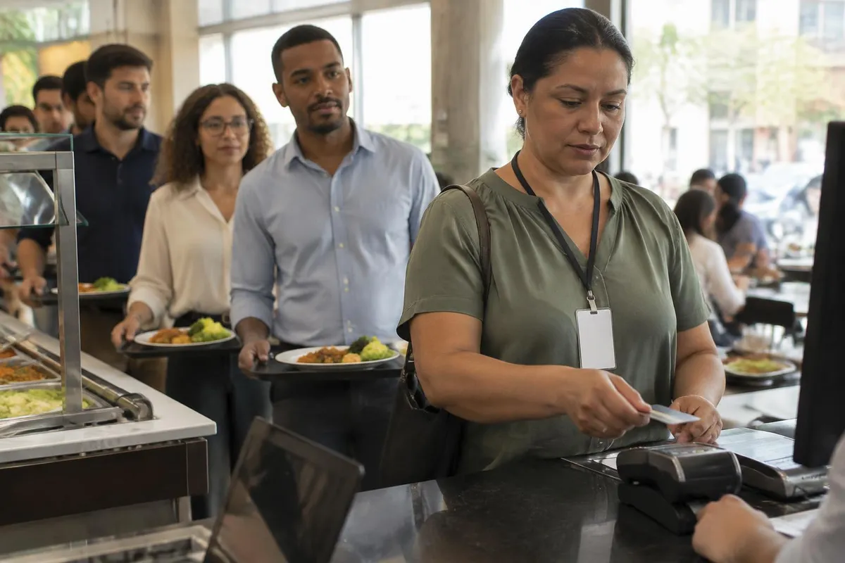 Mulher paga o almoço com cartão por aproximação no caixa de um restaurante por quilo, com colegas atrás na fila
