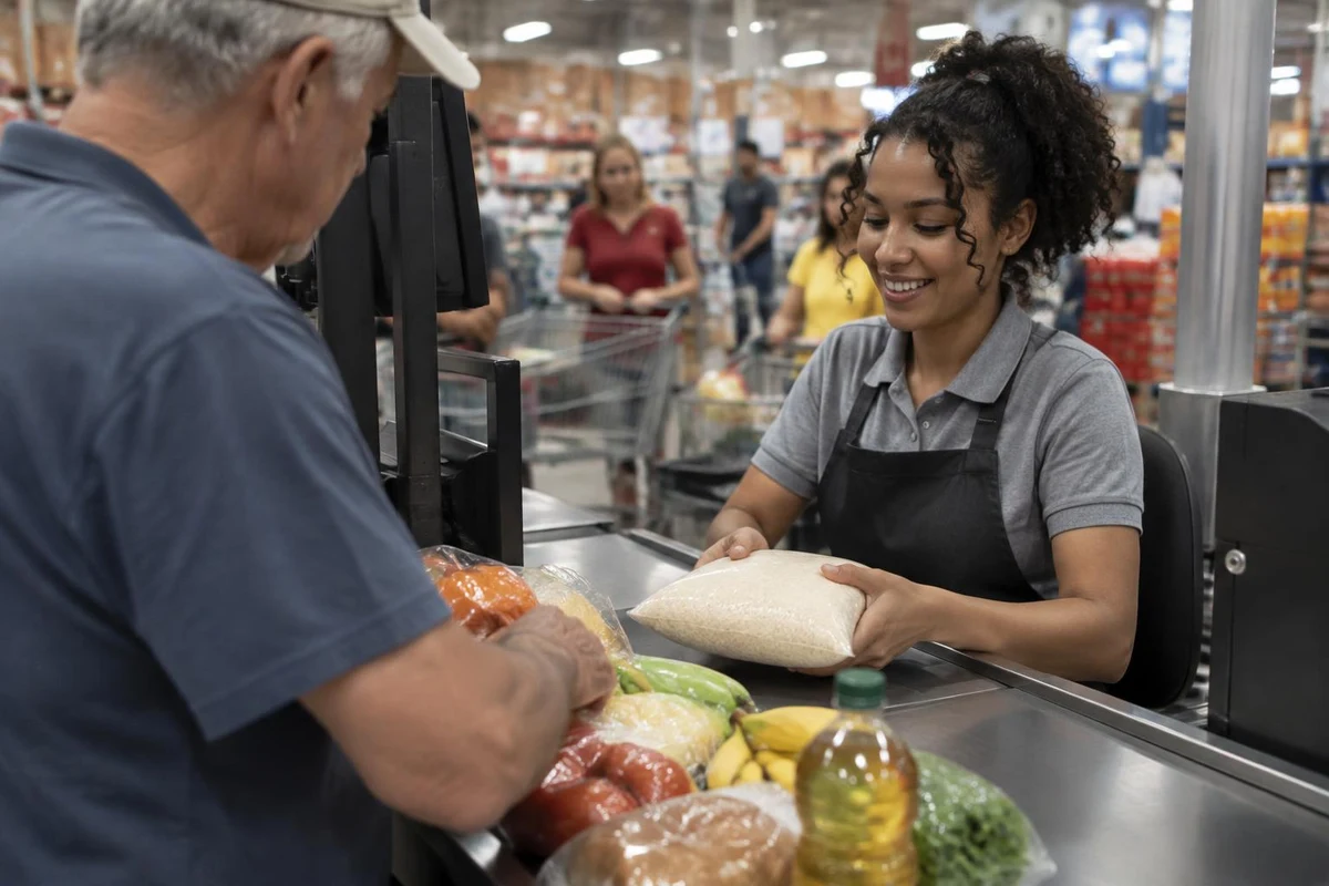 Operadora de caixa sorri ao passar produtos na esteira enquanto um cliente idoso organiza as compras no atacarejo