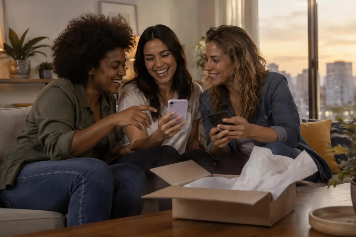 Três amigas riem no sofá de casa enquanto olham os celulares, com uma caixa de papelão aberta sobre a mesa de centro