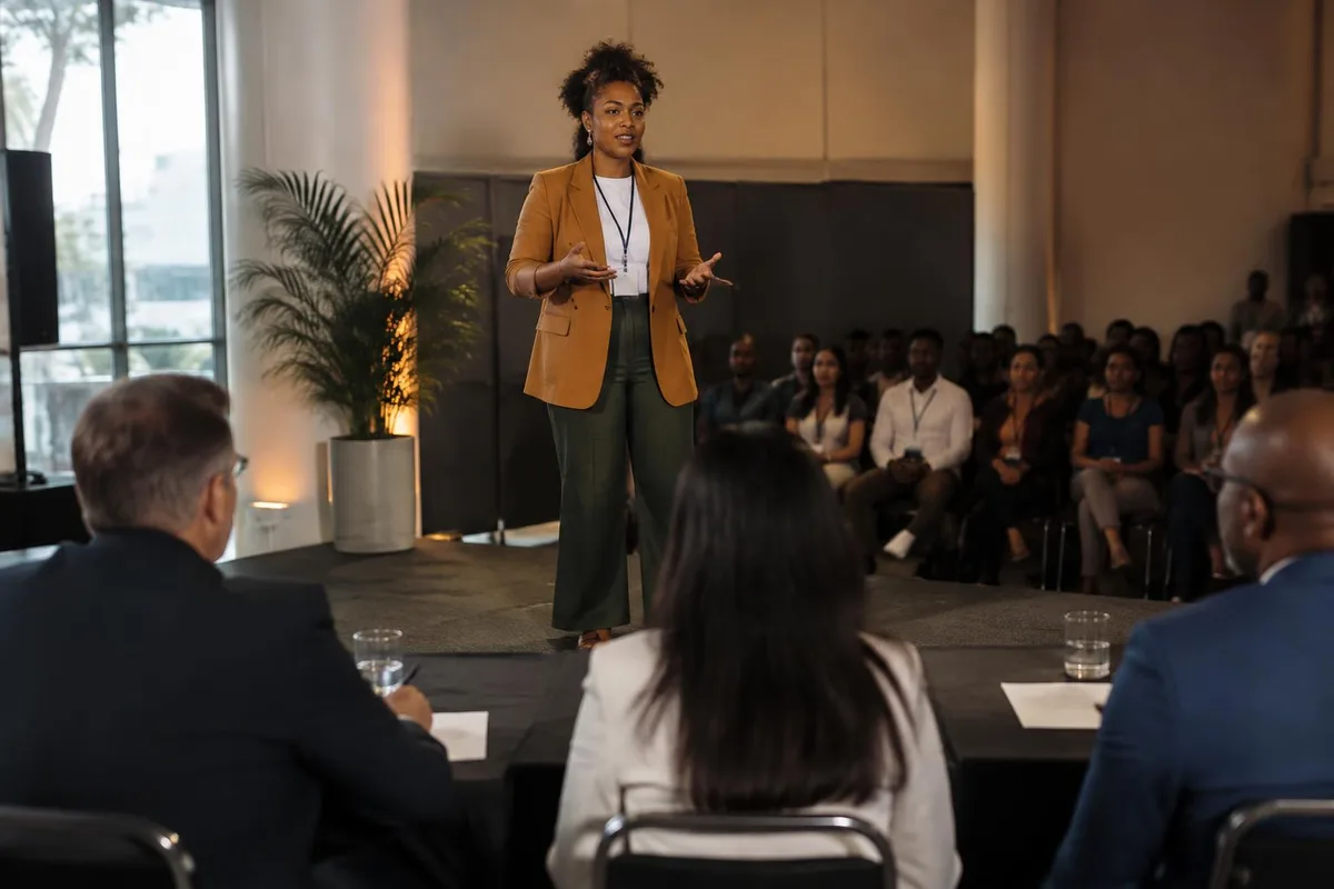 Empreendedora apresenta seu negócio em um palco enquanto três jurados, de costas, ouvem sentados a uma mesa