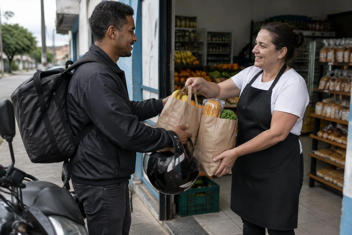 Funcionária de mercado de bairro entrega sacolas de papel com frutas e pães a um entregador de moto na calçada