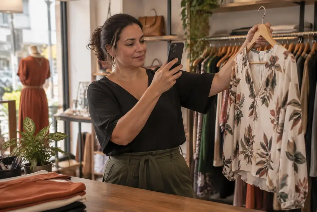 Dona de uma pequena loja de roupas femininas, atrás do balcão, fotografa com o celular uma blusa pendurada num cabide, com araras e prateleiras ao fundo
