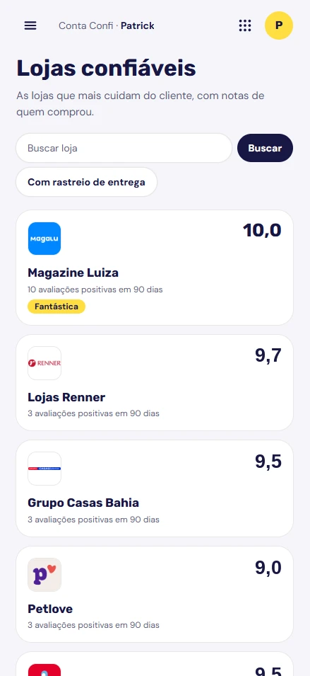Tela Lojas confiáveis do Consumidor Confi, com busca de loja e notas de quem comprou