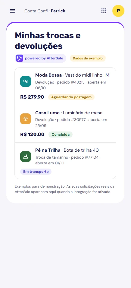 Tela Minhas trocas e devoluções do Consumidor Confi, com três pedidos de exemplo e o status de cada um