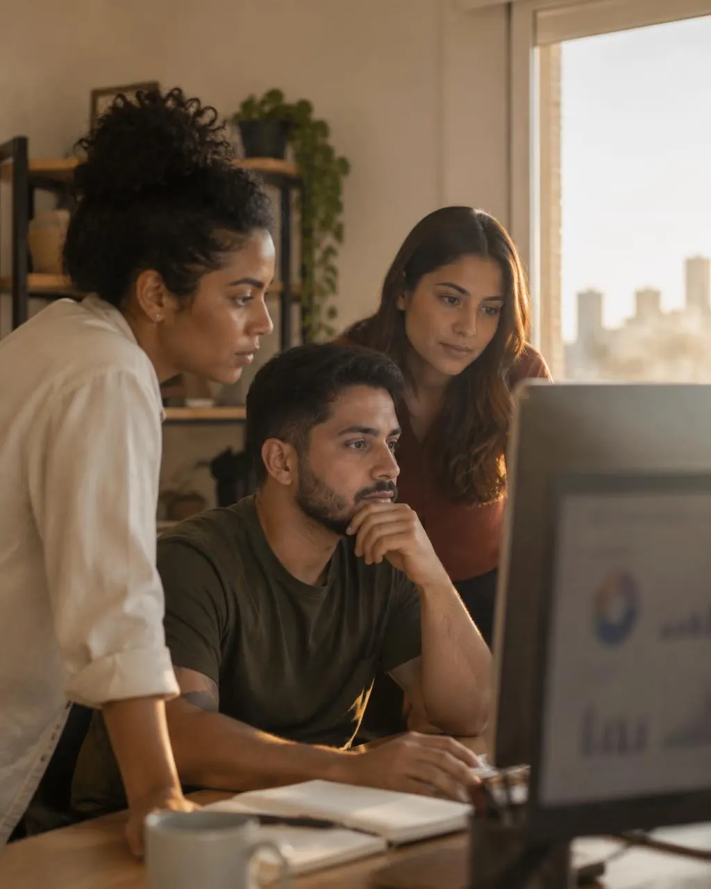 Três pessoas num escritório simples olhando juntas um monitor com gráficos, na luz de fim de tarde
