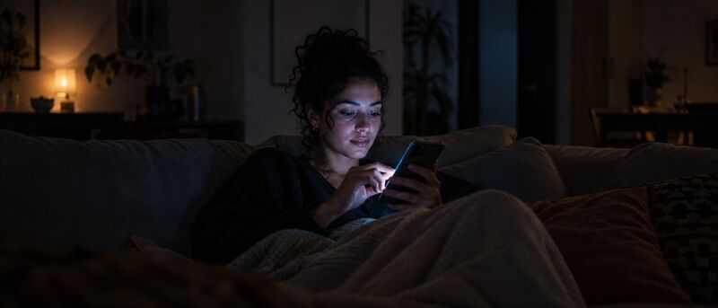Mulher comprando pelo celular à noite na sala de casa, com a página de ofertas iluminando o rosto