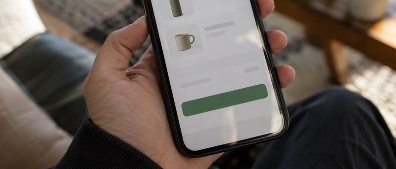 Mão segurando um celular com o carrinho de uma loja online contendo apenas dois itens