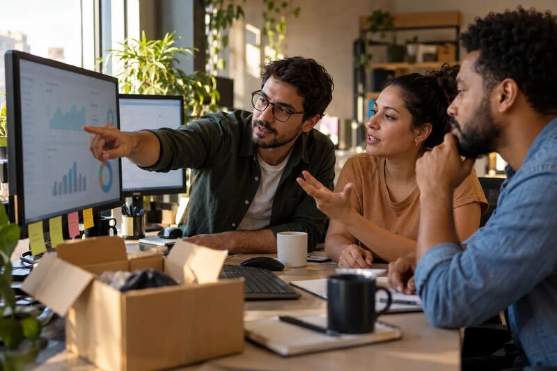 Três profissionais de e-commerce em volta de um monitor grande discutindo um painel de vendas, um deles apontando para a tela, em escritório com luz natural da janela