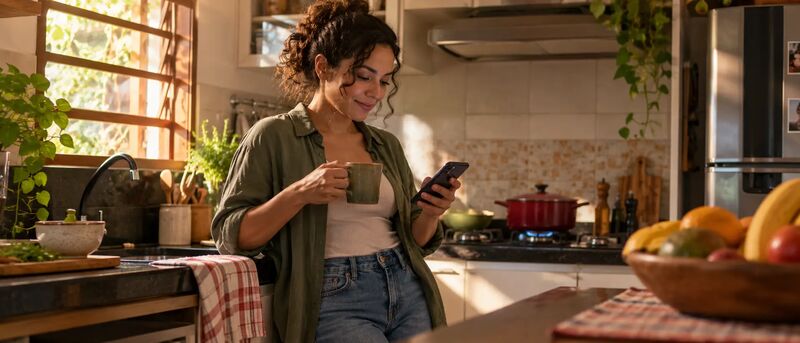 Mulher em pé na cozinha finalizando rapidamente um pedido pelo celular, com luz natural da janela