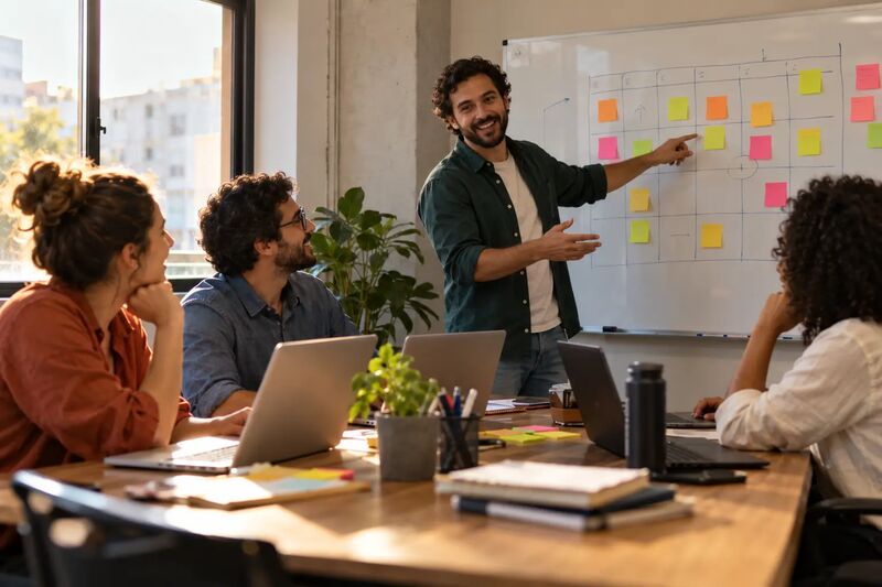 Equipe em sala de reunião conversando diante de um quadro branco com post-its coloridos, planejando o período, com luz de janela