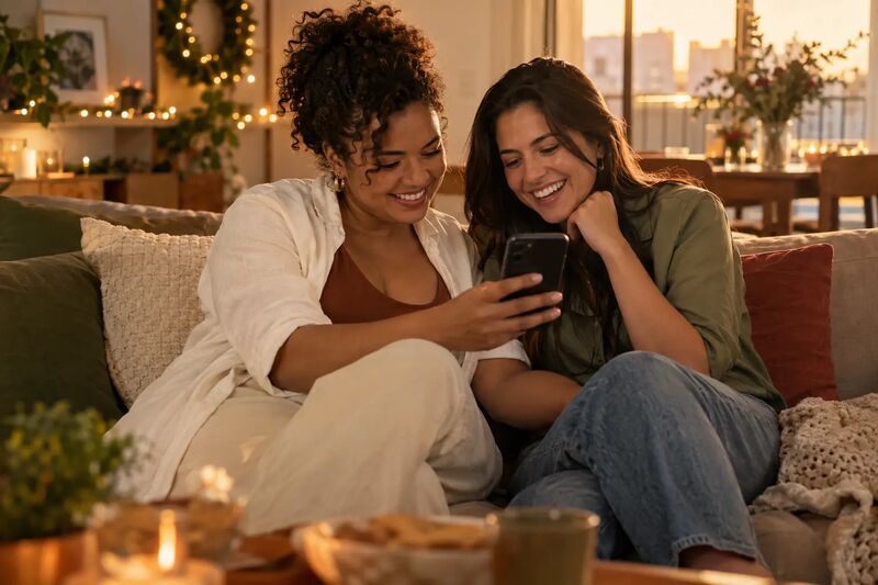 Duas mulheres no sofá de uma sala decorada para uma data comemorativa, comprando pelo celular