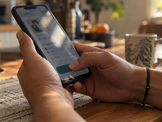 Mãos segurando um celular com o polegar tocando o botão de finalizar o pedido em uma loja online