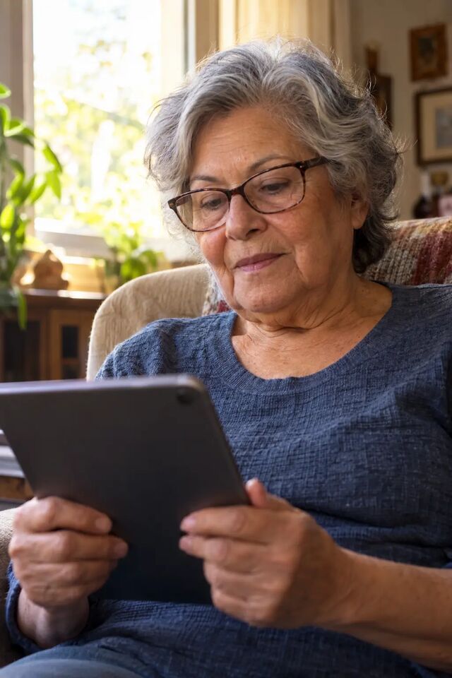 Senhora sentada na poltrona de casa comprando pelo tablet, com luz natural da janela