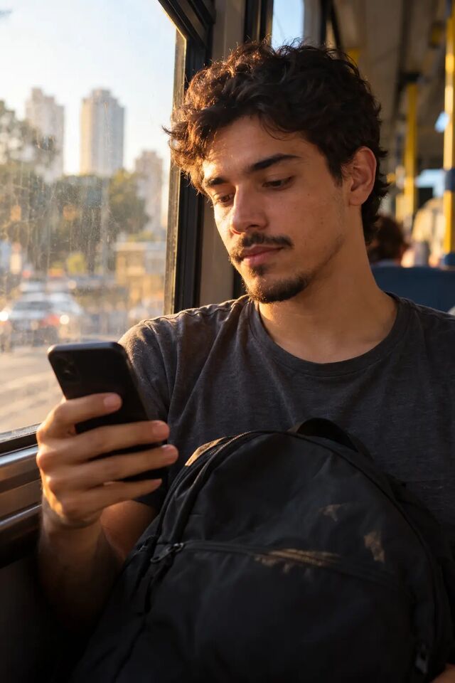 Homem sentado no ônibus comprando pelo celular durante o deslocamento pela cidade